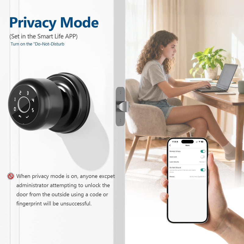 Smart Fingerprint Door Lock, 4 in 1 Smart Fingerprint Door Knob with Keypad, App Control, Auto Lock, Biometric Door Knob with Lock for Bedroom, Apartment, Garage, Home & Office Elegant Black