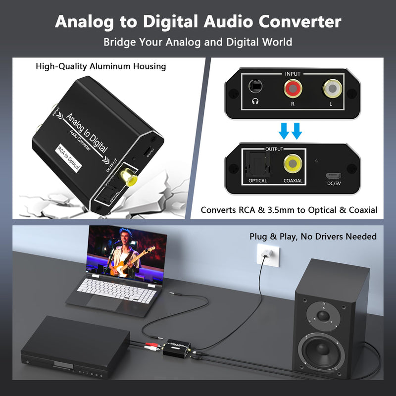 Analog to Digital Audio Converter, RCA L/R & 3.5mm Jack AUX to Coaxial/Optical Toslink SPDIF Audio Adapter, 48kHz/24bit PCM LPCM Stereo ADC, for TV/CD/Game Console/Soundbar/Headphone