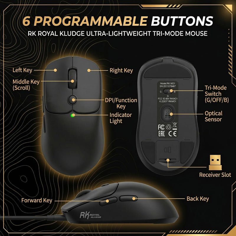 RK ROYAL KLUDGE MO1 Wireless Mouse, 55g Ultra-Lightweight Computer Mice, 6 Programmable Buttons, Quiet Click, 2.4GHz/Bluetooth/Wired, 6000 DPI Optical Sensor, Black