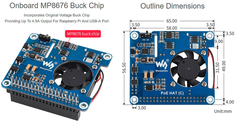 Power Over Ethernet (C) for Raspberry Pi 4B/3B+, POE HAT Board with Cooling Fan,Support IEEE 802.3af/at-Compliant Network,5V USB-A & 12V Header Outputs to Use More Peripherals C Version with High Power