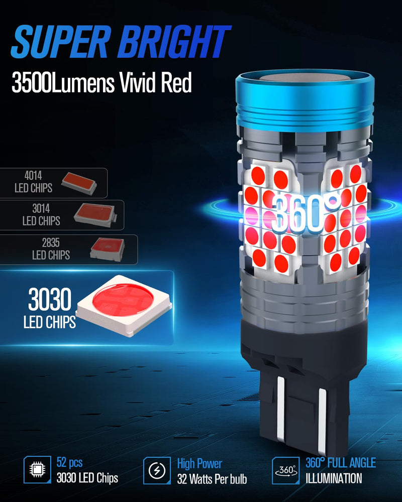 CANBUS 7443 LED Bulb Red With Built-in Resistor CANBUS Ready for Brake Light 7443R W21W 7440 LED Tail Light Bulb Error Free,7444A LED Bulb Replacement for Rear Turn Signal Lights(2pcs)