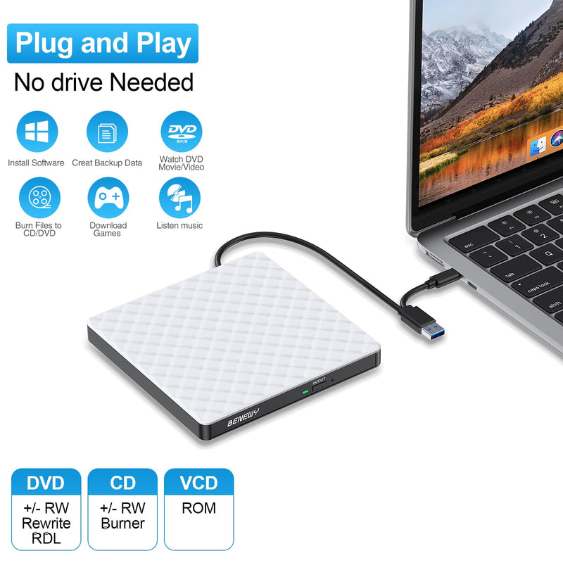 External CD/DVD Drive for Laptop PC Mac, CD Burner DVD Player for Laptop | USB 3.0 USB C CD DVD +/-RW Drive External CD Reader for Laptop Desktop PC Windows 11/10/8.1/7 Linux MacBook Mac OS White 2 in 1 White