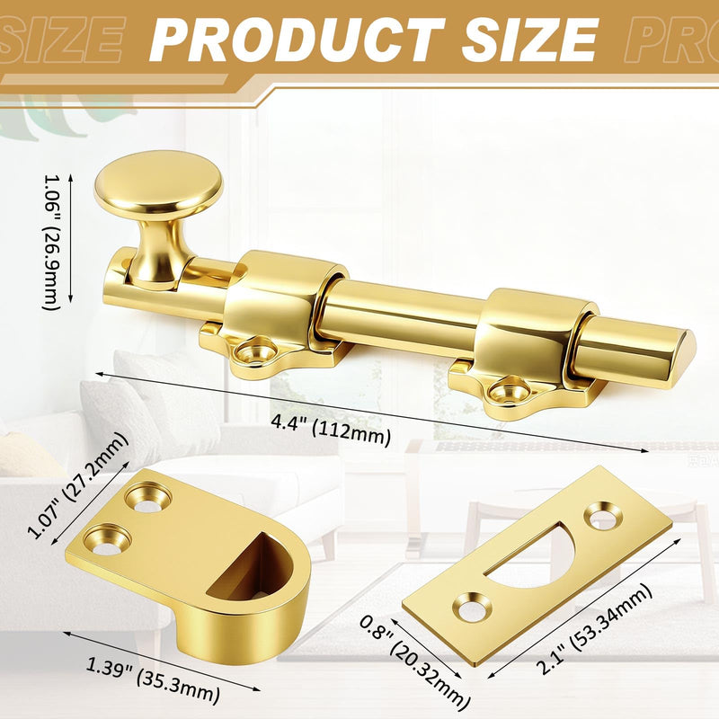 Tandefio 4" Cane Bolt for Gate Heavy Duty Solid Brass Slide Dutch Door Bolt Latch Polished Brass Hardware Locks Attic Latch for Dutch Sliding Barn Door Wooden Fence Metal Gate 4 Inch