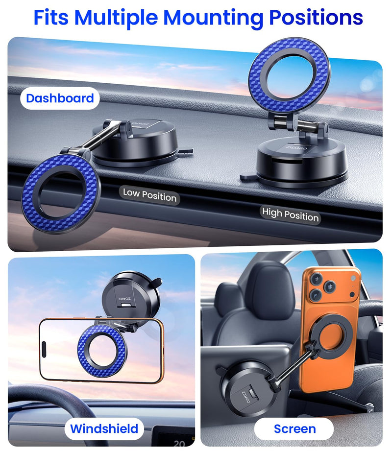 for MagSafe Car Phone Holder for Tesla Model 3/Y, Extended-Reach Arm Magnetic Mount for iPhone 17/16/15/14/13/12, 80+LBS Vacuum Suction Cup Mounts for Tesla Screen & Dashboard (Navy Blue) Navy Blue