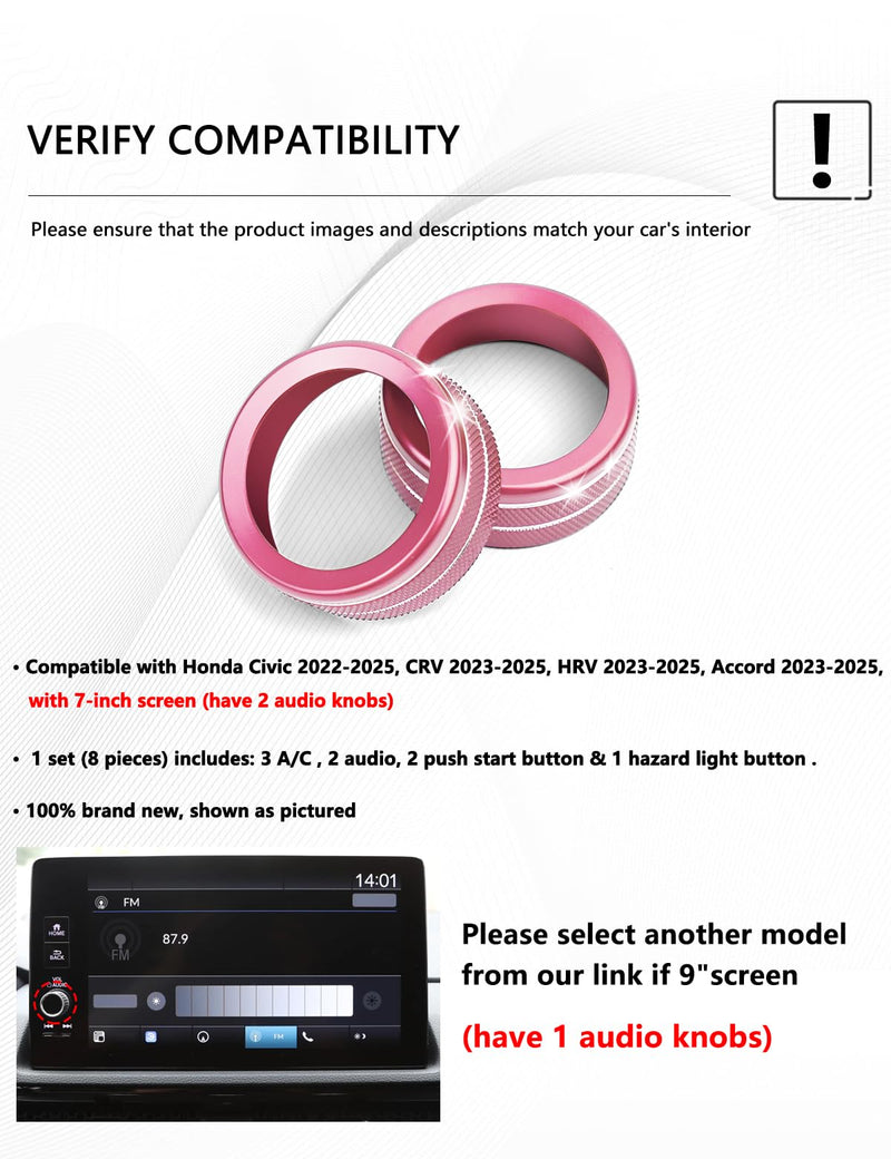 for Honda Civic Accessories 2022-2025 & Accord/CRV/HRV/Acura Integra 2023-2025, ADX 2025 - A/C & Audio Knob Covers, Hazard Light, Push Start Button Cover/Ring 8pcs (7-inch Screen, Pink) 7-inch screen