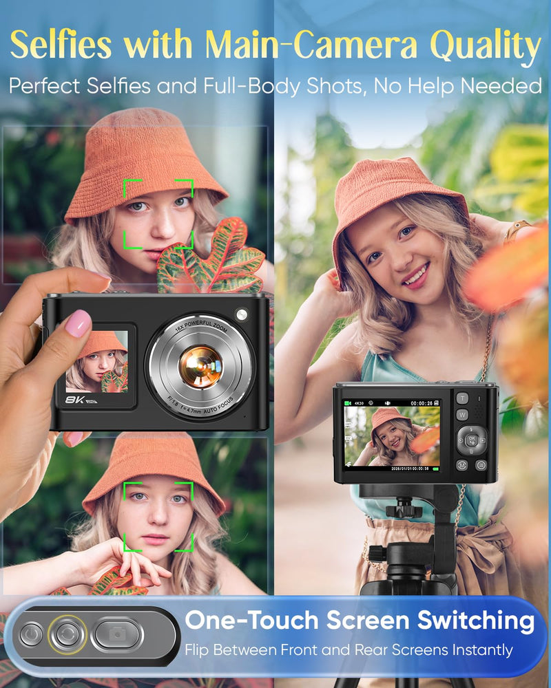 8K Digital Camera for Photography,96MP WiFi Dual Screens Vlogging Camera | Autofocus,16X Zoom,Anti-Shake,Compact Point and Shoot Camera for Teens,Beginners,Travel,32GB Card,2 Batteries Black
