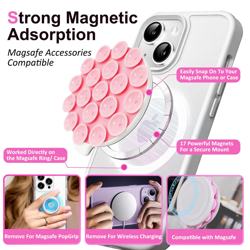 Silicone Suction Cup Phone Mount, Magnetic Silicone Suction Phone Case Stand, Hands Free Mirror Shower Phone Holder, Perfect for Selfies and Videos Creators (Light Pink) Light Pink