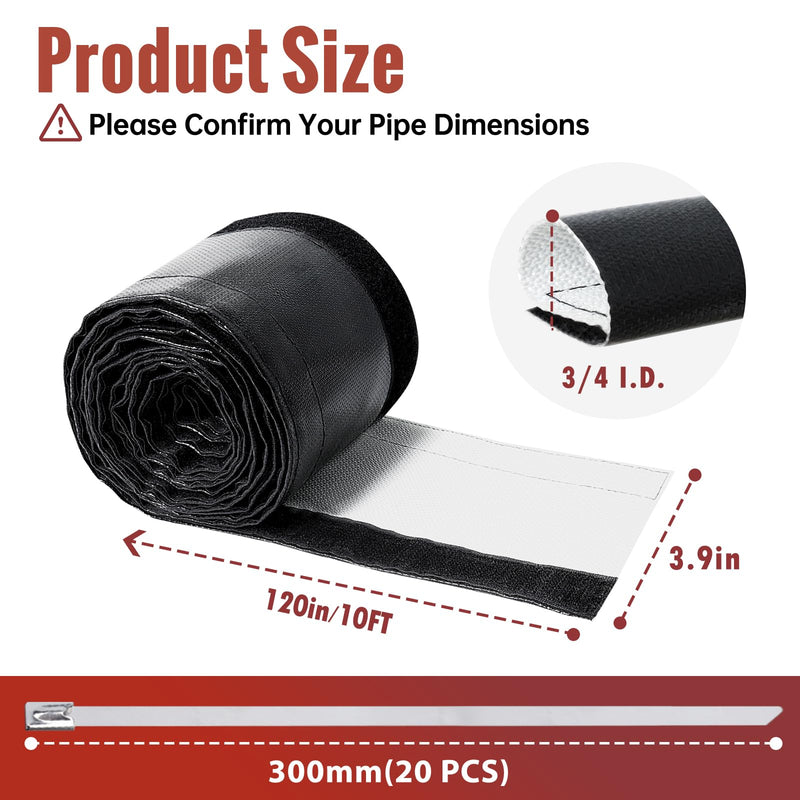 Wire Heat Shield for Hose Lines & Electrical Wiring, Heat Shield Wrap Automotive for Exhaust and High-Temperature Pipes with 20 Pcs Stainless Steel Ties, 3/4" I.D.x 10FT, Black 3/4" I.D. x 10FT