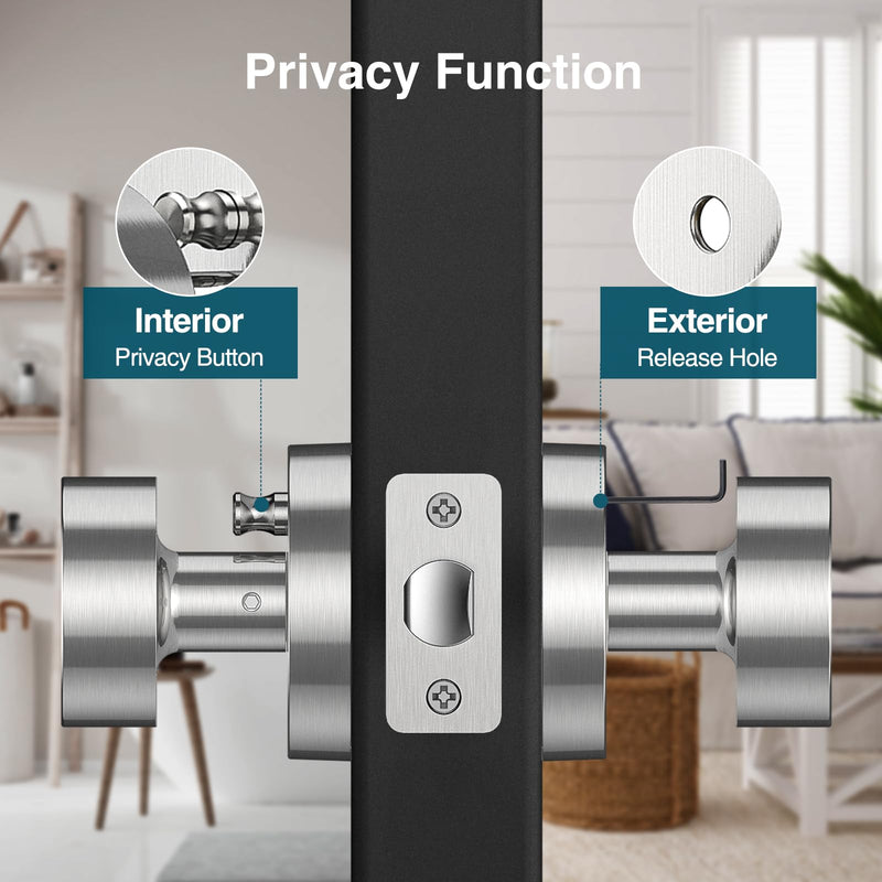 Brushed Nickel Door Knobs, Privacy Satin Nickel Door Knob, Silver Modern Door Knobs Interior, Round Door Handle for Bedroom, Bathroom, Study, Office 1