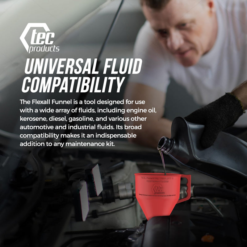 FlexAll Funnel - Long Flexible Funnel with Hose for Automotive Use - Nitrile Rubber Funnel with Handle for Oil Change and Transmission Fluid - Gas, Diesel, Oil Funnel for Cars Red Large