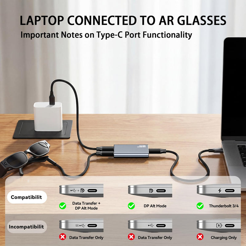 USB-C AR Glasses Adapter, 8K 30Hz/4K 144Hz, Power & Charge Sync | Compatible Xreal/Viture/RayNeo/Rokid AR Glasses,Steam Deck,ROG Ally,Switch 2,DJI RC 2,iPhone 15-17,Android,No Signal Lag