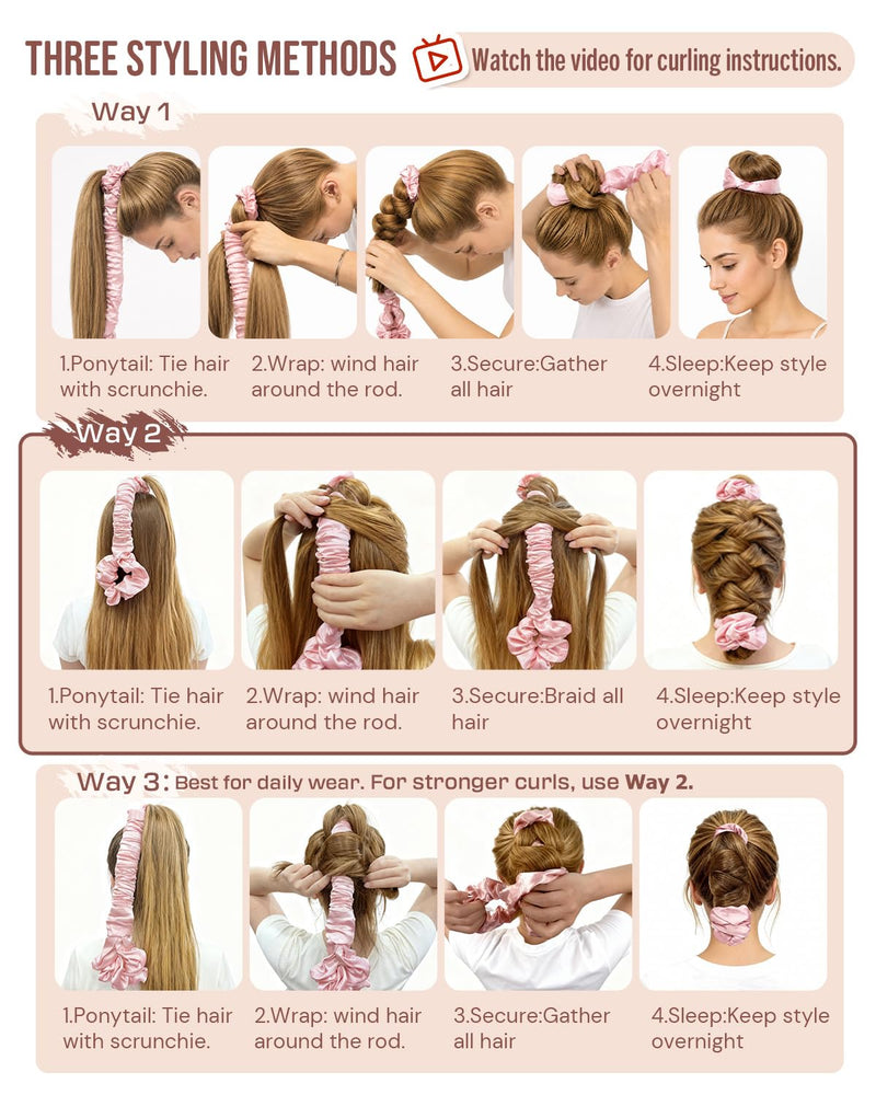 BONNET QUEEN Large Satin Heatless Curlers for Long Thick Hair, Heatless Curls Overnight, No Heat Hair Styling Rod with Built-in Scrunchie, Multi-Use Sleepy Tie for Soft Waves, Cream Pink 1 count (Pack of 1)
