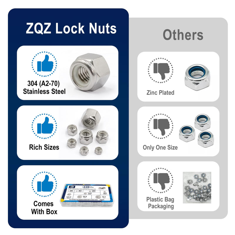 ZQZ 220 Pack SAE Nylon Insert Locknuts Assortment Kit,6#32 8#32 10#24 10#32 1/4"-20 5/16"-18 3/8"-16 1/2"-13 Nylock Nuts Sets,304 Stainless Steel Standard Inch Threaded Lock Nuts SAE Assortment; 220pcs Silver