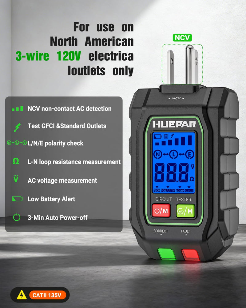 HUEPAR 2-in-1 NCV GFCI Outlet Tester, Electrical Circuit Tracer Voltage Testers with LCD Display for Standard 3-Wire 30-150V AC Electrical Outlet Test- SK3001