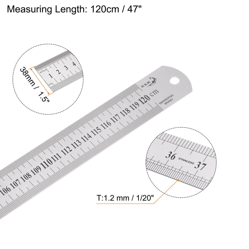 HARFINGTON Stainless Steel Ruler 120cm/48 Length x 1/20" Thick x 1-1/2" Wide Inch and Metric Straight Edge Measuring Tools for Woodworking Painting Craft, Silver Tone 48"x1/20"x1-1/2"