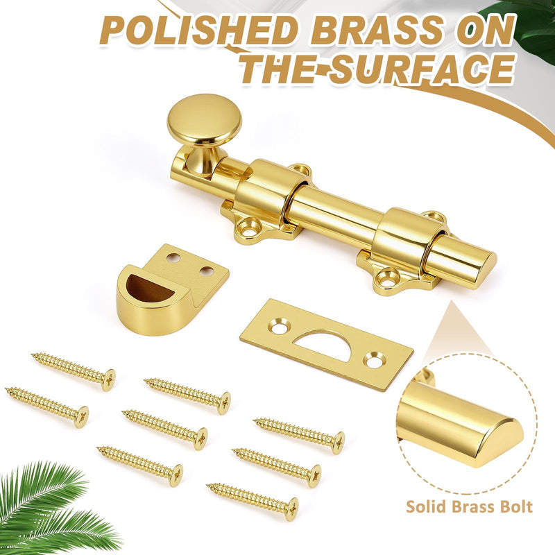 Tandefio 4" Cane Bolt for Gate Heavy Duty Solid Brass Slide Dutch Door Bolt Latch Polished Brass Hardware Locks Attic Latch for Dutch Sliding Barn Door Wooden Fence Metal Gate 4 Inch