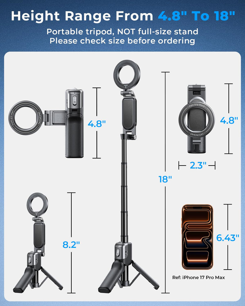 Mini Magnetic Selfie Stick Tripod for MagSafe, Pocket 4.8" Design, 4-in-1 | Zoom Control, Ergonomic Phone Grip, Detachable Multi-Function Bluetooth Remote and Up to 18" Extendable Selfie Stick Black