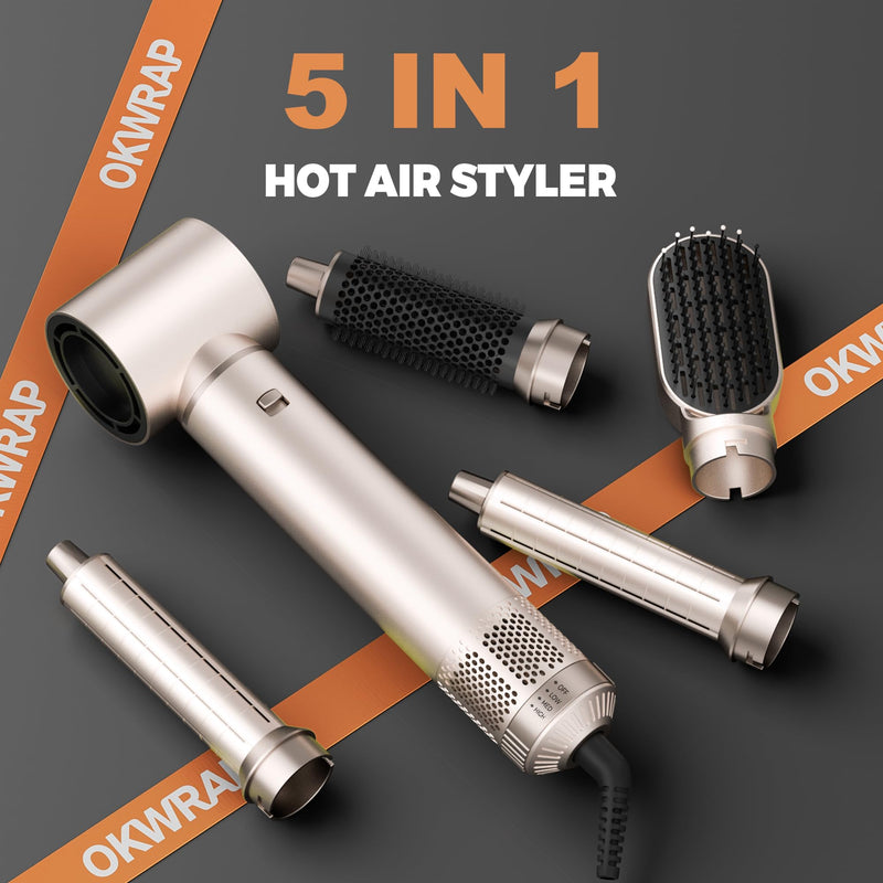 OKWRAP Airbrush 5 in 1 Hair Styler Airstyler Multi-Blow Dryer Brush | Airbrush 5 in 1 Multi-Blow Dryer Brush Set with Curl, Straighten, Wavy, Smooth, Magic Styler for All Hair Types and Lengths Orange