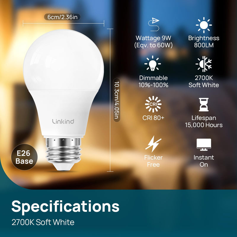 Linkind A19 Dimmable LED Light Bulbs, 60W Equivalent, 9W, 2700K Softe White, 800 Lumens, E26 Standard Base, Lighting for Bedroom Living Room Home Office, 24 Packs Soft White 24 Count (Pack of 1)