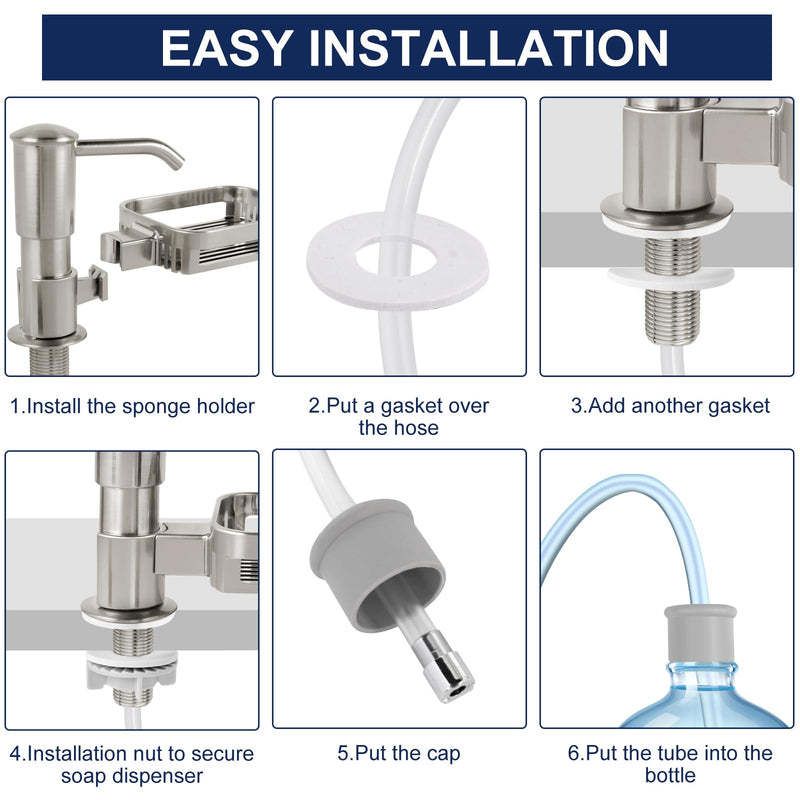Soap Dispenser for Kitchen Sink, Built in Sink Soap Dispenser Pump with Sponge Holder, Brushed Nickel ABS Sink Dish Soap Dispensers Under Counter, with 39" Extension Tube Kit,No Refill Needed