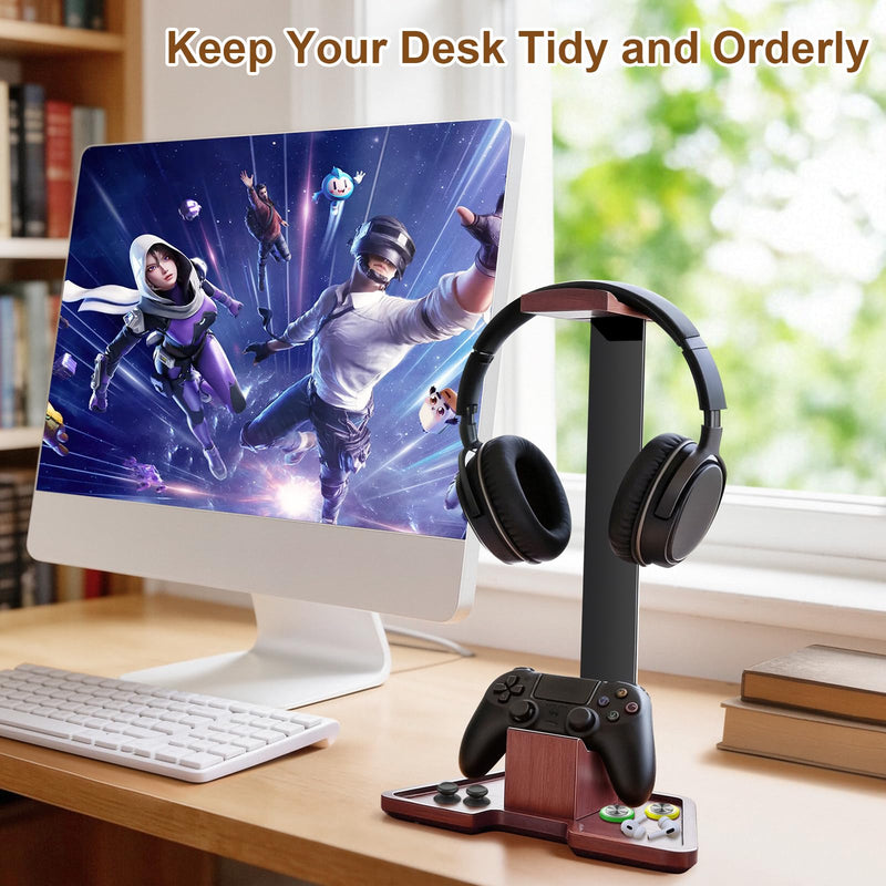 Headphone Holder Stand for Desk, Wood and Metal Headset Hanger Mount Hook Gaming Holder Desktop Earphone Artful Functional Craftsmanship Stand for All Headsets with Solid Wooden Base 2 in 1
