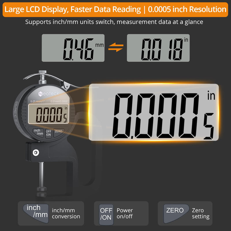 Neoteck Digital Thickness Gauge 1inch/25.4mm,0.0005inch/0.01mm LCD Display with Inch/MM Conversion One-Hand Quick Press Thickness Measuring Tool for Leather Paper Fabric Film etc.-Silver-Black 0-1"/0.0005" Silver-black