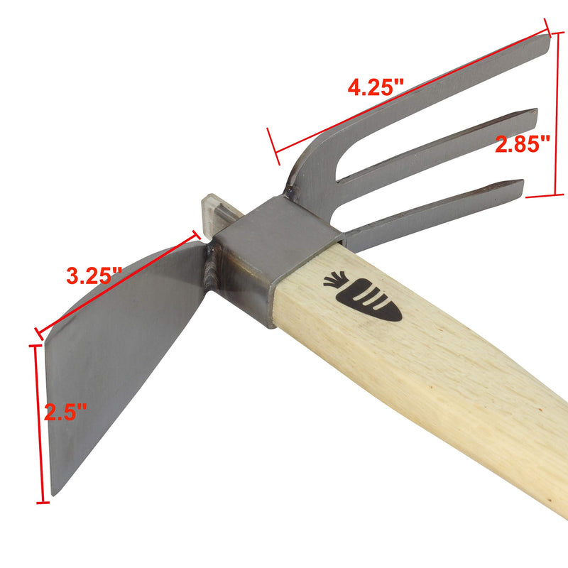 Carrot Design Stainless Japanese Style Garden Hoe and Cultivator Dual Headed Weeding Tool - 3 Prongs Combo Garden Tools with Wood Handle