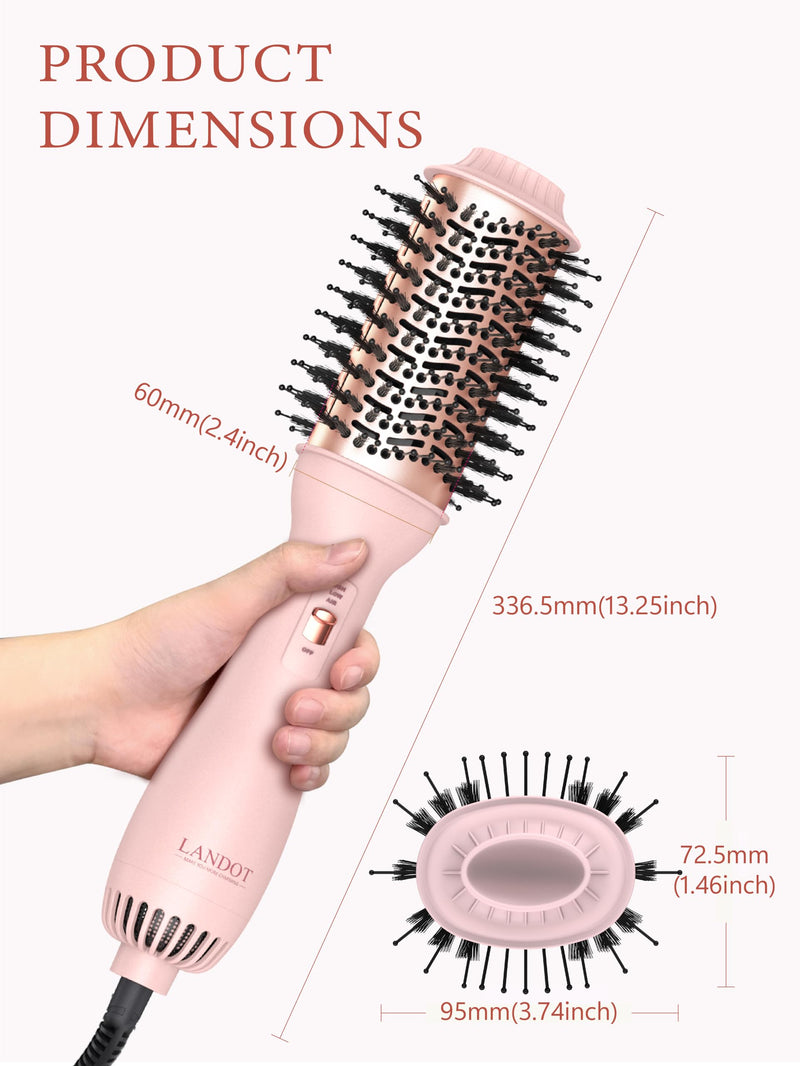  [AUSTRALIA] - LANDOT Blow Dry Hair Brush 60mm, One Step Hair Dryer & Volumiser for Smooth | Ionic Anti-Frizz Ceramic Titanium Barrel, Shine Frizz-Free Blowout, 3 Heat Settings for Long Thick Curly Hair, UK Plug Pink
