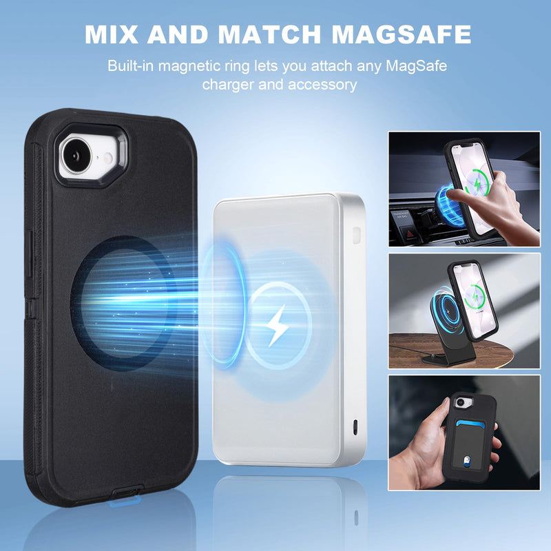 for iPhone 17e Case with Belt Clip Holster, Compatible with MagSafe, Black | Heavy Duty Rugged Defender Cover for iPhone 17e, 3-Layer Shockproof Anti-Drop Durable Works Outdoors Protective Case
