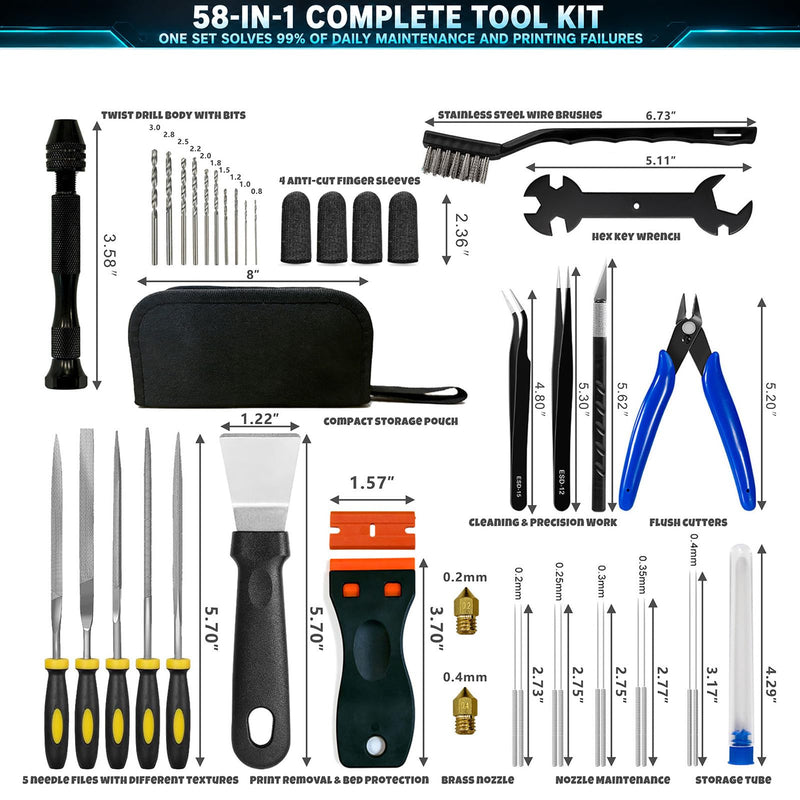3D Printer Tool Kit Accessories - 58 Pcs Solve 99% Print Failures Clean Maint - with Scraper Brush Pliers Needles Cutter Pouch - for Unclog Nozzle Support Removal Model Finish - for All FDM Printers