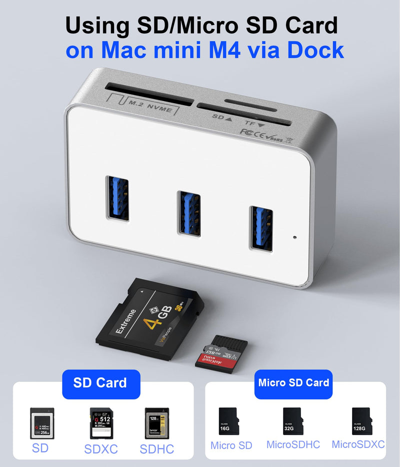 Mac mini M4 Dock with NVMe SSD Enclosure - Aluminum 6-in-1 Hub for Mac mini M4/M4 Pro 2024 with M.2 NVMe SSD Slot, 3X USB 3.0 Ports, SD & MicroSD Card Readers, 10Gbps Data Transfer in Silver