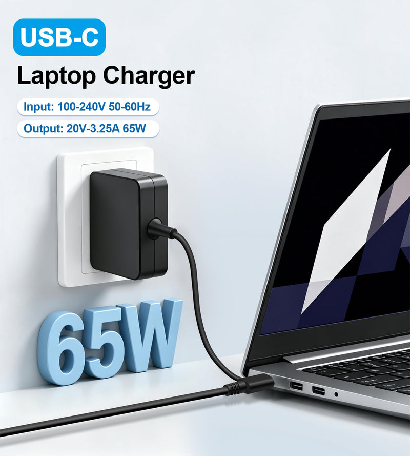 65W USB C Charger Compatible with Lenovo ASUS Laptop Computer Charger | Chromebook Charger Compatible with HP, Acer, Samsung Galaxy, Huawei Matebook Laptop Gloss Black