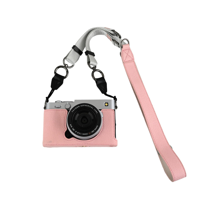 X-E5 Case, Handmade PU Leather Half Camera Case Bag Cover Bottom Opening Version for Fujifilm X-E5 XE5 With Neck Strap Lens Cover (Pink) Pink