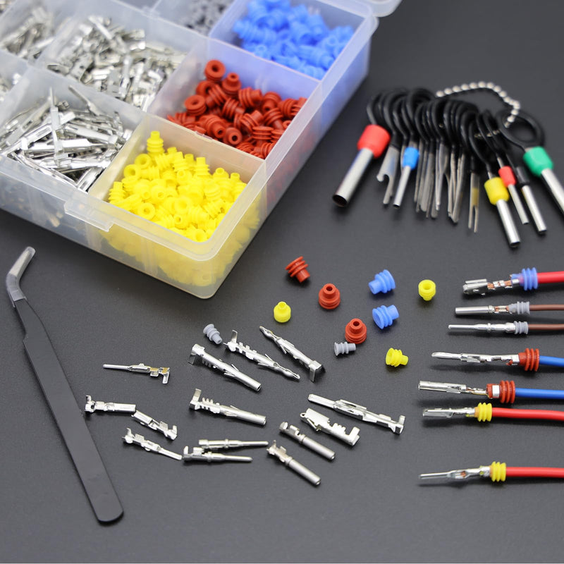 859pcs Automotive Electrical Pin Connectors Kit 1.5/1.8/2.5/2.8mm Pin Terminals Wire Connector Pins Male Female Crimp Pins with Wire Seals Terminal Removal Tool and Tweezer for 22-12 Gauge Plug 859pcs Pin Terminals