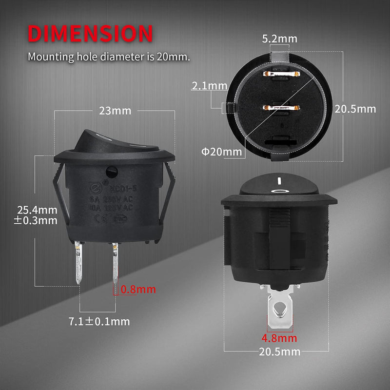 DaierTek ON Off Round Rocker Switches SPST 20mm Mini 12 Volt DC Mini Circle Toggle Switch 12V for Car Automotive RV 2 Pin Switch 120V Wired KCD1-5Pack ON/OFF-5Pcs
