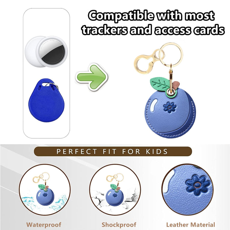 BORKUANA PU Leather Keychain holder Protective Case Compatible with AirTag | Cute Drop-proof Cover with Keyring,Anti-Scratch Finder GPS Tracker Case for Wallet Keys,bag,Backpack,pets,luggage,Fruit Blueberry