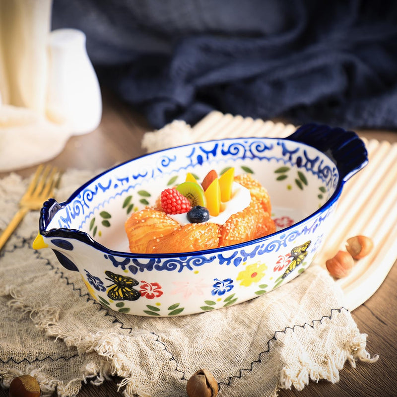 Vintage Butterfly and Flower Pattern Pie Pan, Chicken Shape Ceramic Bakeware Casserole Dish Baking Pan Bakers Lasagna Pans Soup Bowl Baking Dish for Oven to Table-Blue-25 OZ Blue 25 OZ
