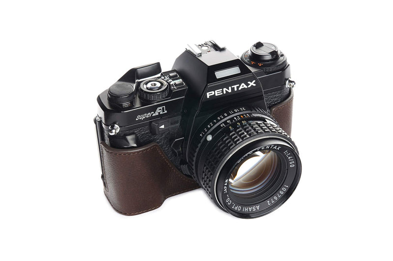Pentax Super A Case, BolinUS Handmade Genuine Real Leather Half Camera Case Bag Cover for Pentax Super A Camera with Hand Strap (Coffee) Coffee