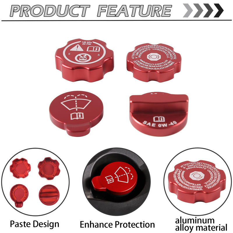 Aluminium Alloy Engine Oil Cap Radiator Cap Washer Cap Brake Fluid Cap Cover Trim Compatible with Chevrolet Corvette C8 2020-2023, Engine Cap Cover Set C8 Accessories 4PCS (Aluminum - Red) Aluminum - Red