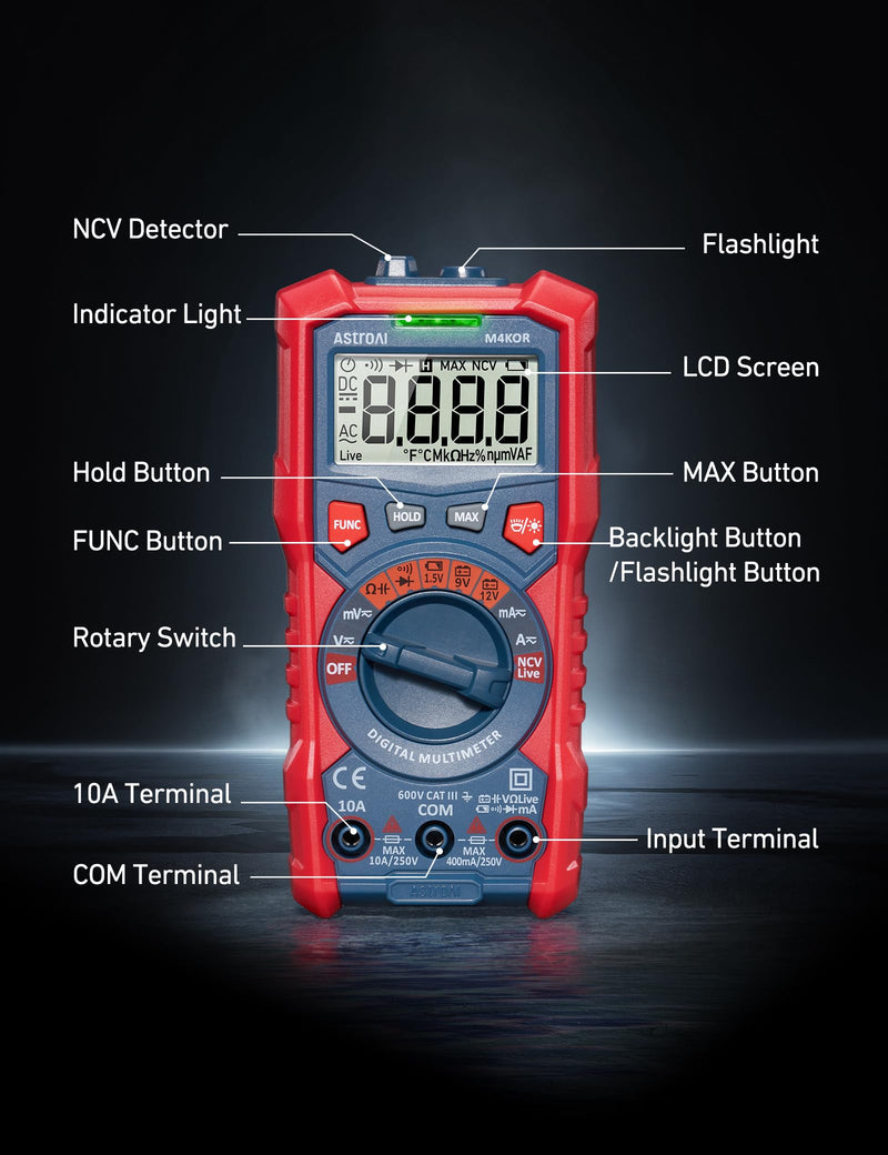 AstroAI Multimeter Tester, TRMS 4000 Counts Volt Meter Auto-Ranging Ohmmeter Digital 1.5v/9v/12v Battery Voltage Tester Measure Voltage Current Resistance Diodes Continuity Capacitance with NCV