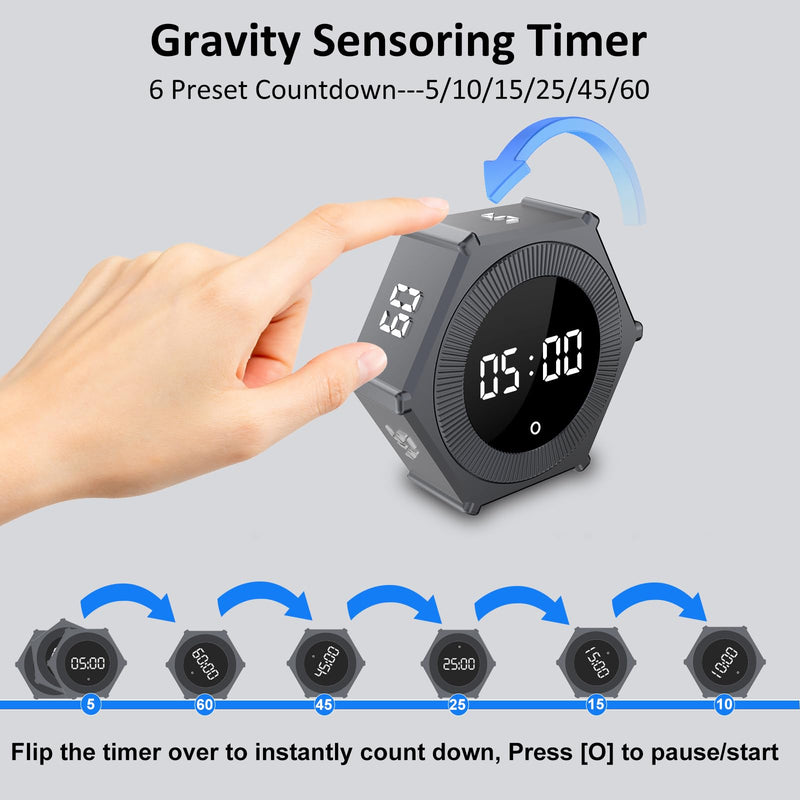 Pomodoro Timer with Gravity Rotation, 99 Minutes Desk Productivity Timer, Countdown & Countup Focus Time Management Tool for Kitchen, Work, Study, Adjustable Sound & Brightness, Magnetic Pad Back.