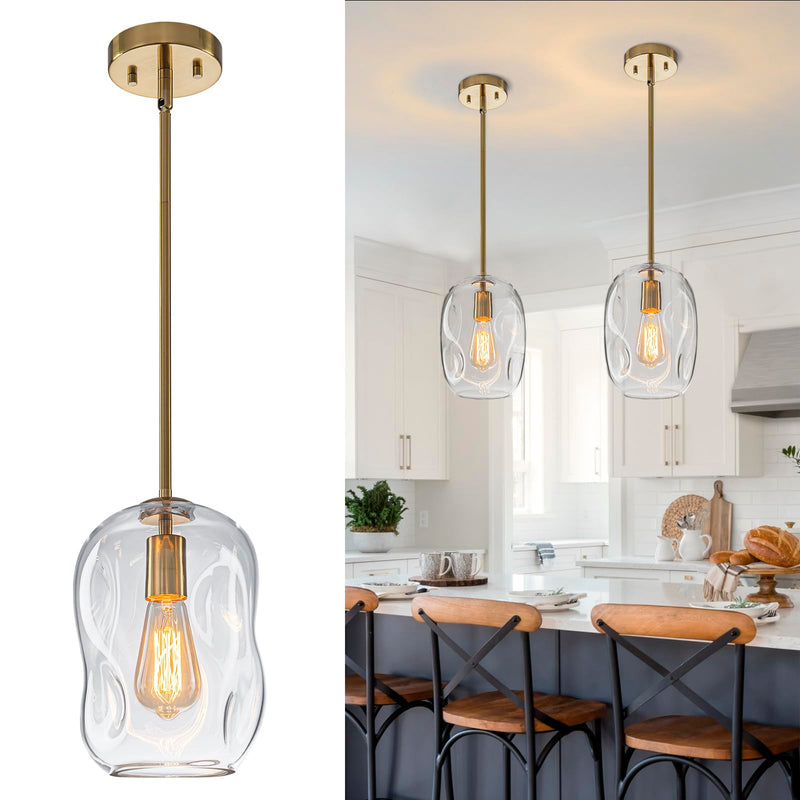 Glass Pendant Lights Kitchen Island -1 Light Gold Hanging Light Fixture Bar Modern Pendant Lighting Ceiling with 9.6" Height Clear Thick Organic Glass Shade for Kitchen Sink Dining Table,E26,1 Pack 1 Pack 9.6in