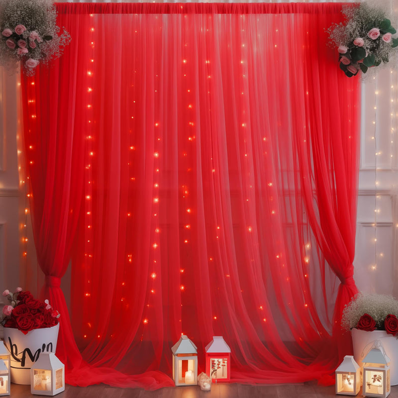 10×10ft Red Tulle Backdrop Curtain with Lights String for Parties, Sheer Curtain Backdrop Drapes for Wedding Party Photography Background