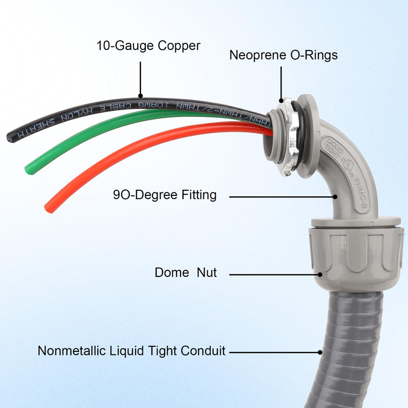 1/2Inch Power Whips Assembly, 4FT Nonmetallic Liquid Tight Flexible Conduit Wire with 3 Conductors 10 Gauge THHN Electrical Wires, A/C Hook-up Whip Kit Electrical Wire(4FTx1/2Inch) Teminal