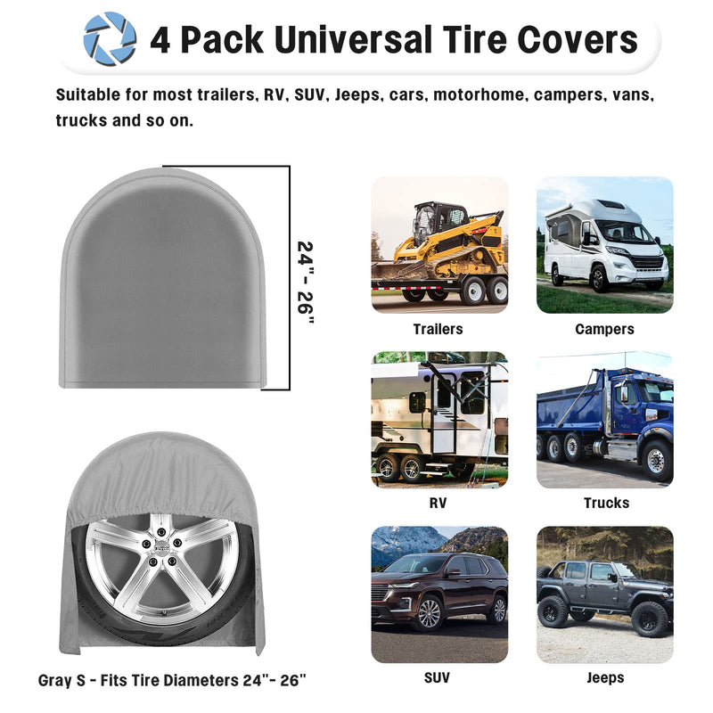 OutdoorLines Outdoor Waterproof Tire Covers Set of 4 - UV-Proof Trailer Wheel Cover Windproof Tire Protector for RV Jeep Trailers Camper Van Truck, Universal Tire Covering Fits Diameters 24"-26", Gray S - Fits Tire Diameters 24"-26"