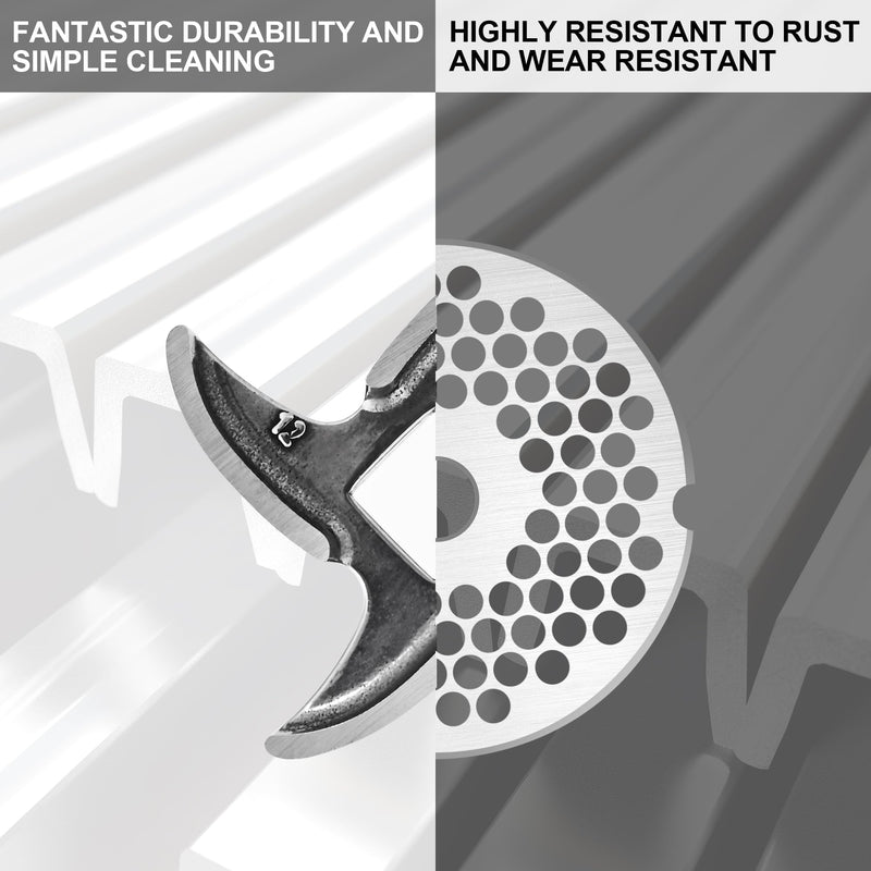 #12 Stainless Steel Grinder Plate Assortment comes with 4 stainless steel grinder plates and 2 stainless steel knives. Blade Set