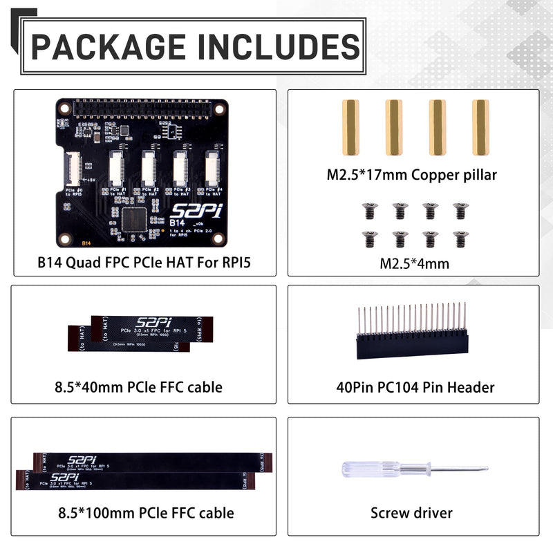 GeeekPi Quad FPC PCIe HAT for Raspberry Pi 5, B14 HAT 1 to 4 PCIe Interface with 40Pin GPIO Pin Header for Raspberry Pi 5