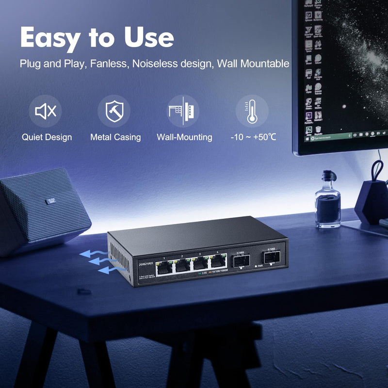 YuLinca 4 Port 2.5G Network Switch with 2x10G SFP, 2.5Gbps Network Hub Ethernet Splitter, Compatible with 100/1000/2500Mbps, Multi-Gigabit Fanless Unmanaged Metal Desktop Gaming Switch 4x2.5G + 2x10G SFP
