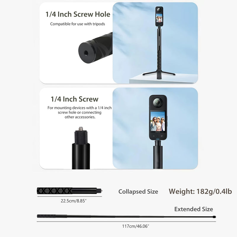 Extendable Monopod for Action Cameras, 117cm/46 Portable Vlog Handheld Selfie Stick with 1/4" Screw Mount for DJI Osmo Action 5/4/3, GoPro Hero, Insta 360 X3/X4/X5 (Black) Black