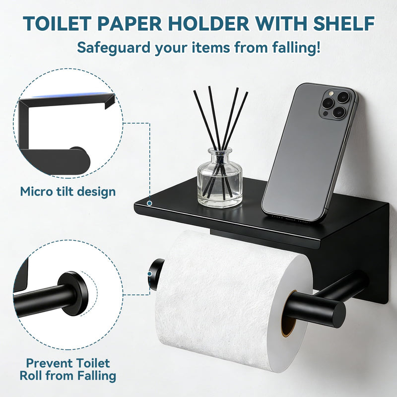 5-Piece Matte Black Bathroom Accessories Set, 24-Inch Wall-Mounted Towel Bar, Toilet Paper Holder with Shelf, SUS 304 Stainless Steel Bath Hardware, Towel Rack for Bathroom, Kitchen, Laundry Room